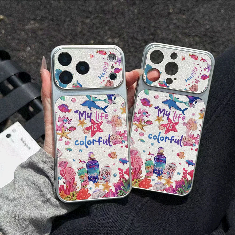 Colorful Marine Organism Letter Leather Texture Phone Case For iPhone 17 Pro Max 17 Air 17E 16E 15 14 16 Pro 13 12 11 7 8 Cover