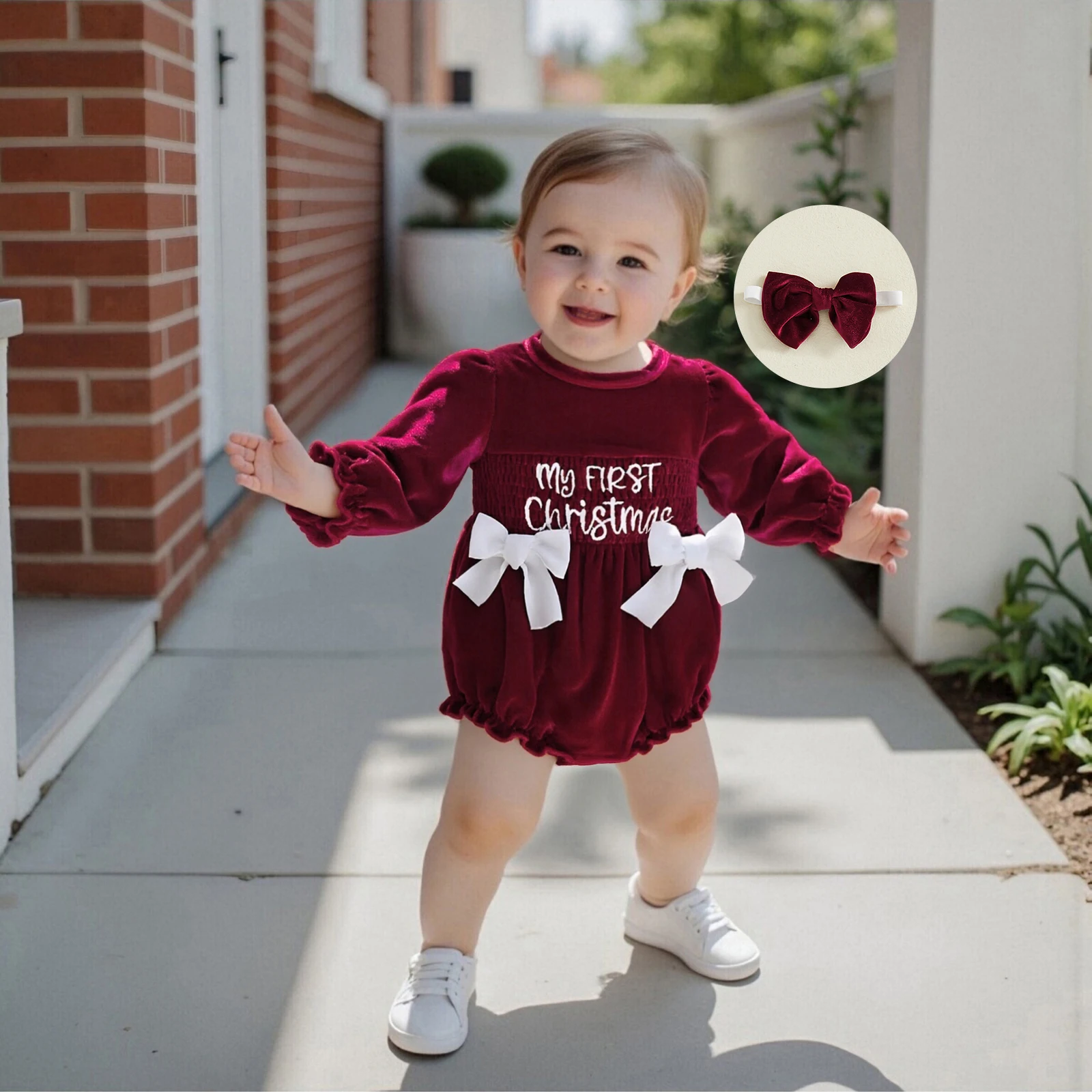 

Suefunskry Newborn Baby Girl First Christmas Outfit Letter Embroidery Long Sleeve Crew Neck Velvet Romper Bow Headband 2Pcs Set