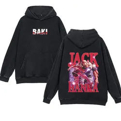 Anime Baki Hanma Washed Hoodies Pullover Casual 100% Cotton Hip Hop Men's and Women's Vintage Retro Black Hooded Sweatshirt