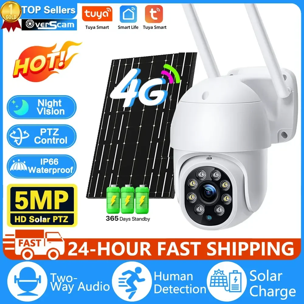 4G Sim Card PTZ Camera Outdoor Wireless Solar IP Camera 5MP HD Solar panels Video Surveillance Camera Long Time Standby Tuya APP