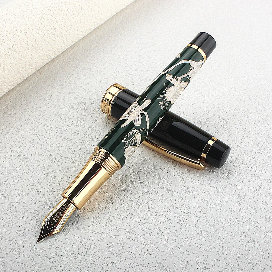 

HongDian Metal Fountain Pen Hand-Drawing Green Flowers Iridium EF/F/Bent Nib Ink Pen Excellent Writing Gift Pen for Business