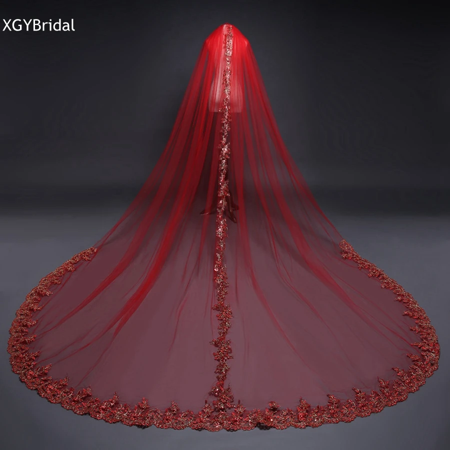 Wholesale Red Cathedral Wedding Veils Long Lace Edge Bridal red veil Wedding Accessories Bride Veu Wedding Veil Velo sposa