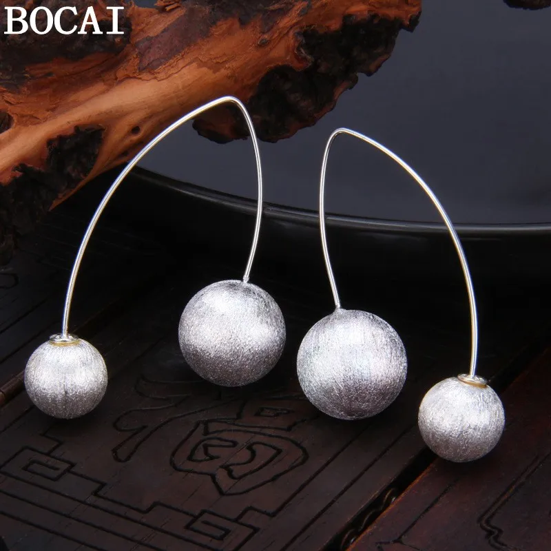 BOCAI S925 Silver Charm Drop Earrings for Women Brushed Finish Balls Double Beads Ear Drops Fashion Punk Jewelry Wholesale