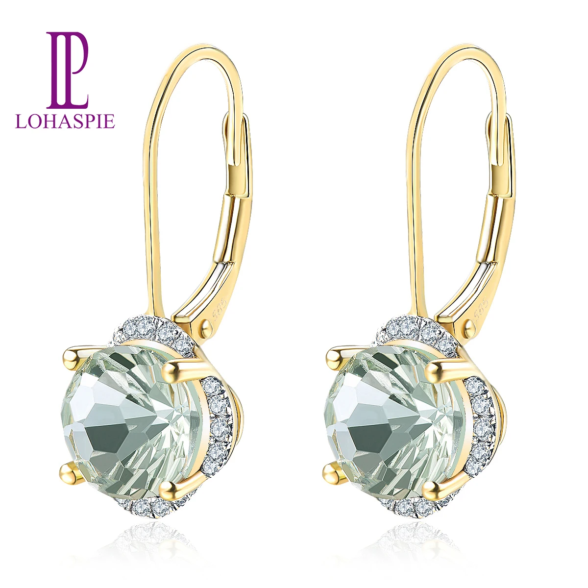 Lohaspie 14K Yellow Gold Natural Green Amethyst Diamond Earrings 4.08 Carats Genuine Gemstone Special Daisy Cutting Fine Jewelry