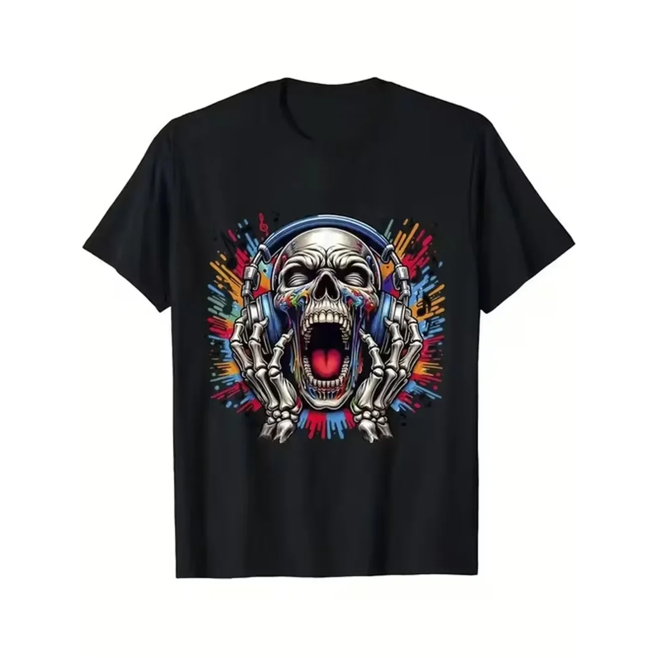 Fashionable Mens Clothing1Pcs With Headphones Pattern Printed T Shirt Spring Summer Round Neck Short Sleeve Mens T Shirt Lightweight Breathable Casual Sports Top Holiday Gift Summer Outfit Urban Fashion Skull Design Lightweight Fabric Breathable