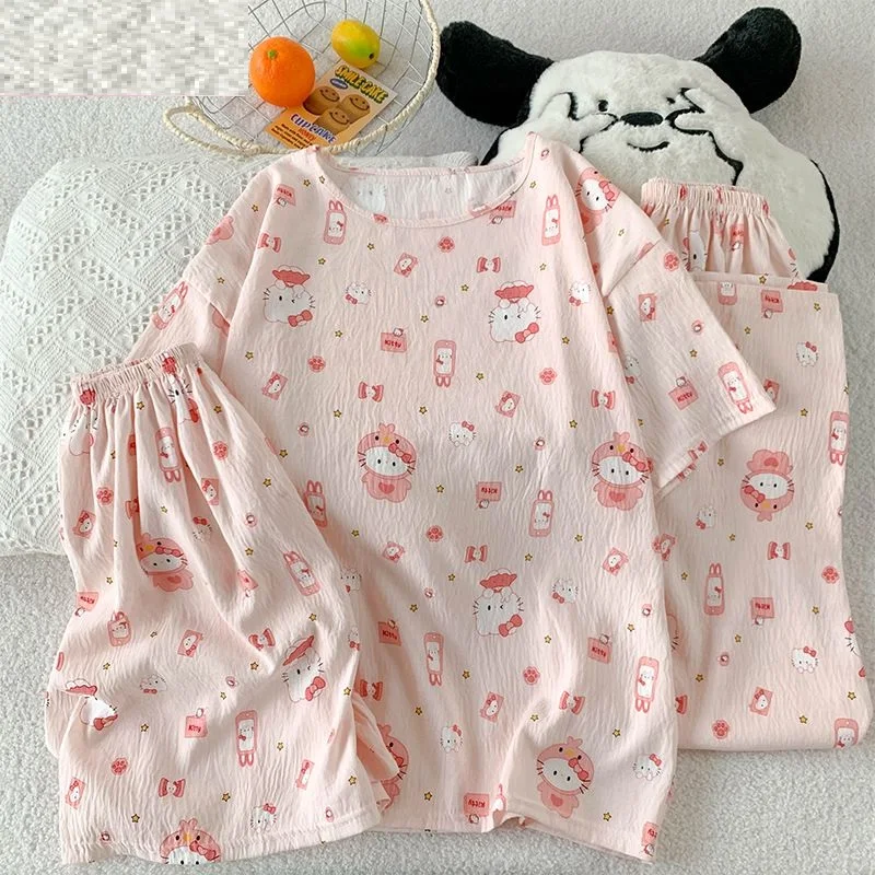 

Sanrio Hello Kitty Cute Pajamas 3 Piece Set Summer Nightie Pant Shorts Short Sleeve Sleepwear Student Pyjamas Women Home Clothes