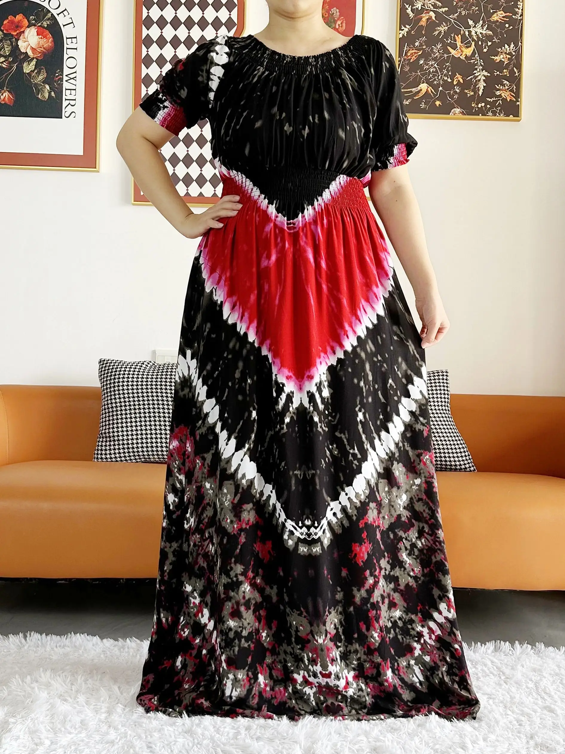 2023 Women Summer Short Sleeve Abaya Positioning Printed Collect Waist Loose Floral Boubou Maxi Islam Women African Clothes