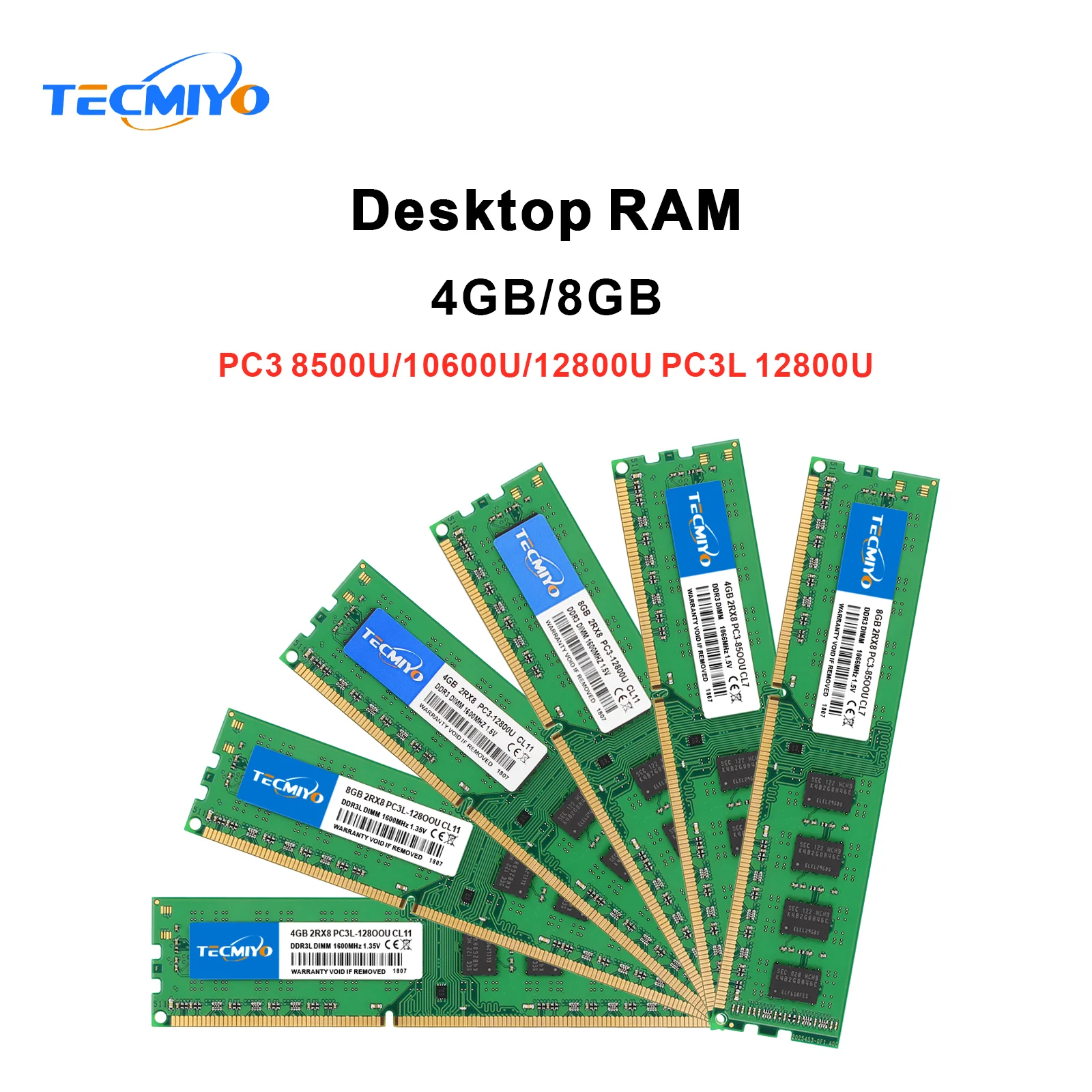 TECMIYO Desktop Memory RAM DDR3 DDR3L 4GB 8GB 1600MHz DIMM 1.35V/1.5V PC3/PC3L-12800U PC3-10600U PC3-8500U Non-ECC -1PC Green