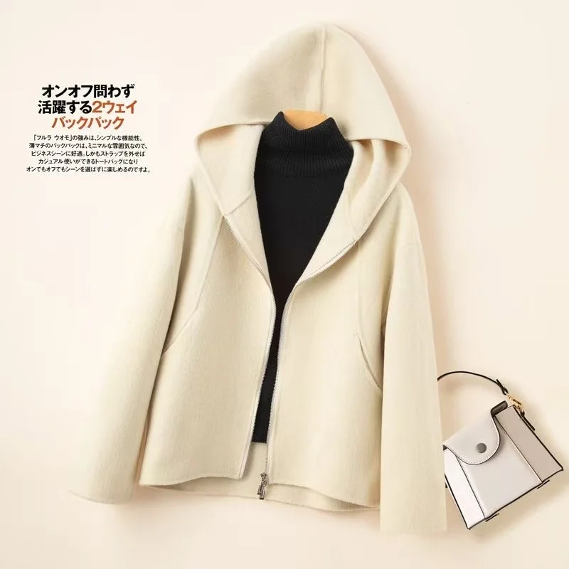 

2026 New Solid Color Hooded Short Woolen Coat Women Fashion Double Cashmere Wool Jacket Autumn Winter Female Slim Outerwear