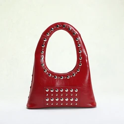 Retro Rivet Shoulder Bag,PU Underarm Handbag,Punk Heavy Industry Style U-shaped Motorcycle Bag,Women Trendy Metal Stud Purse