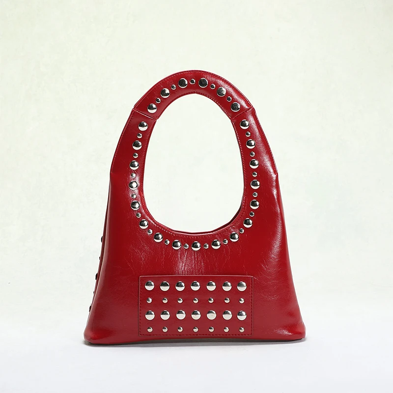 Retro Rivet Shoulder Bag,PU Underarm Handbag,Punk Heavy Industry Style U-shaped Motorcycle Bag,Women Trendy Metal Stud Purse