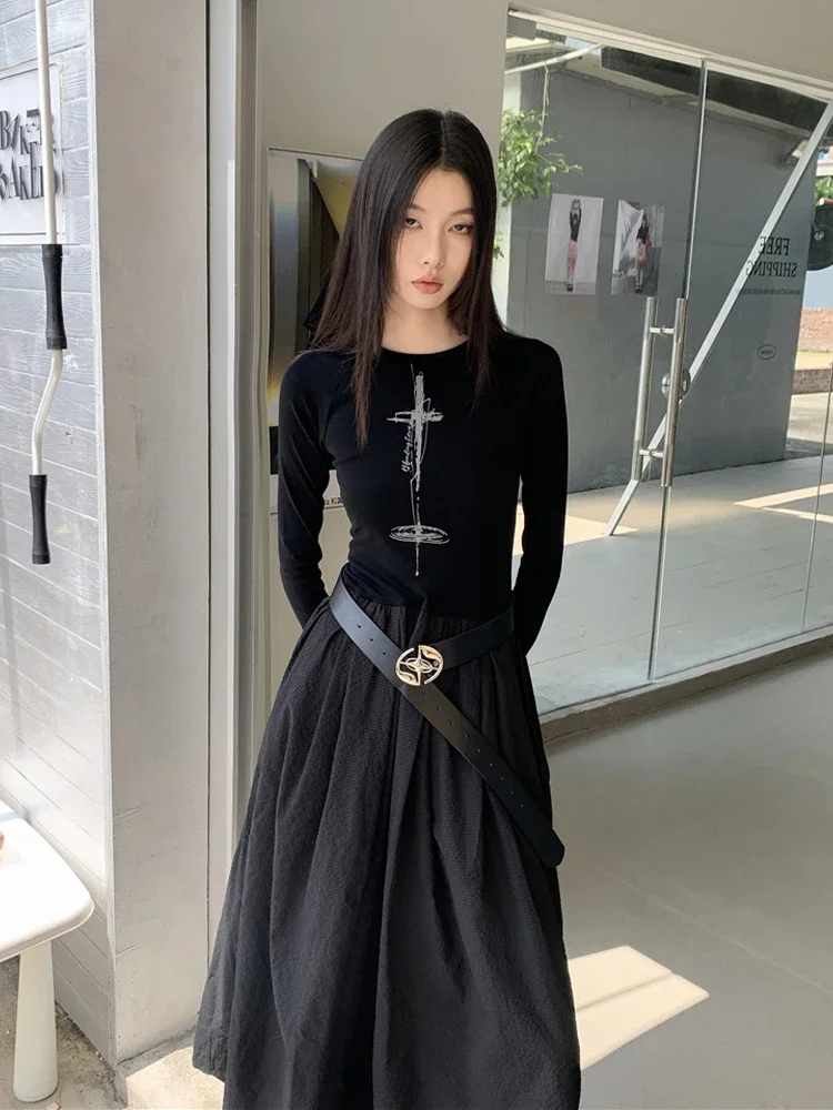 

Long-sleeved black temperament dress artistic women's early autumn concert wear long dress