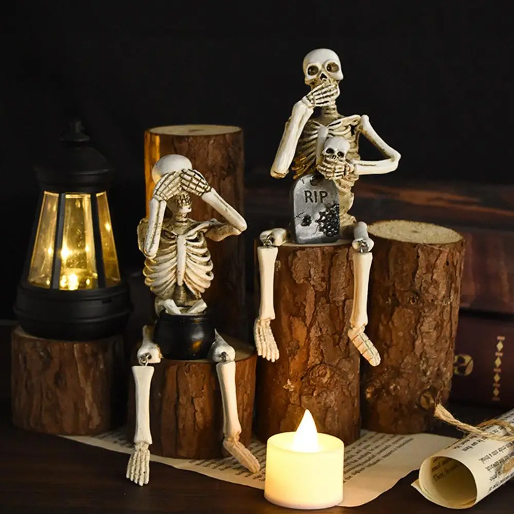 High Halloween Ornaments Halloween Skeleton Statue Set with Pumpkin Tombstone Resin Figurines for Home Decor See Speak Hear No