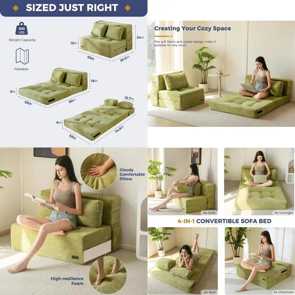 Convertible Sofa Bed, Classic Sleeper Sofa with Pillow, Multifunctional Couch Bed for Living Room or Bedroom, Green