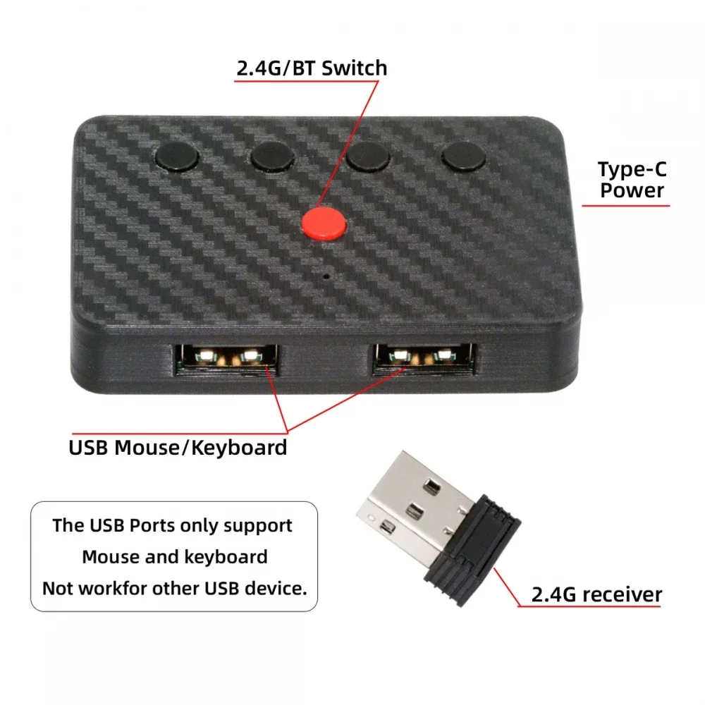 USB Wired Keyboard and Mouse Convert to Wireless 2.4G Bluetooth(BT) Converter with Receiver Type-C Power for Laptop Tablet Phone