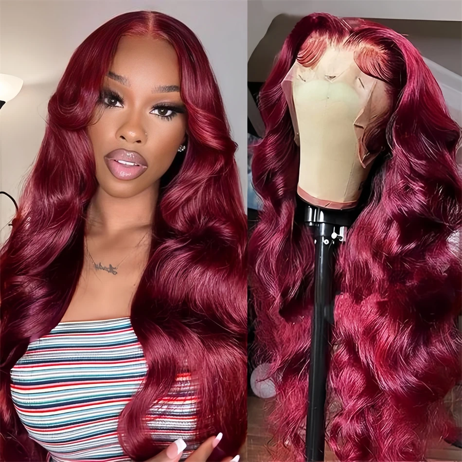 

30 Inch Burgundy HD Lace Frontal Body Wave Wig 100% 13x6 200 Density Colored Human Hair Brazilian Cheap Wigs on Clearance Sale