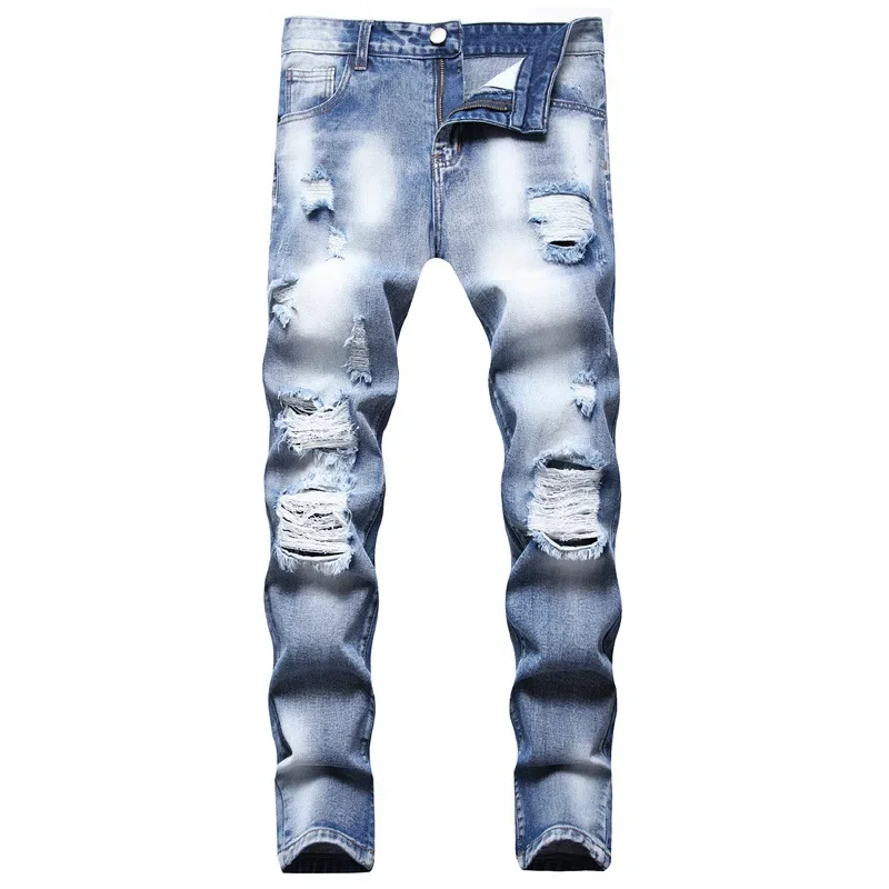 Casual Blue Jeans Plus Size Trousers For Young European And American Men Summer Washing Mid Waist Elastic Free Holes