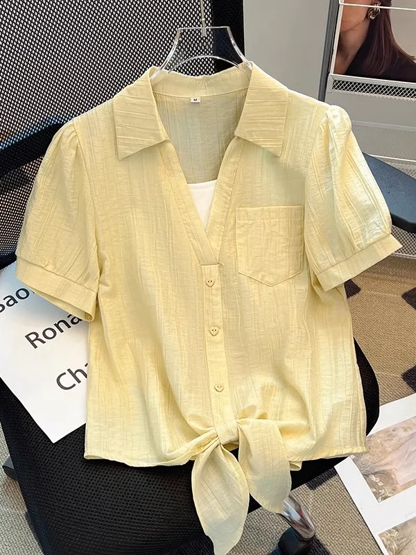 

Faionable ort Sve Chiffon Top Women's Summer Trendy Patchwork Fake Two-Piece Ele Versatile Korean Sle Blouse