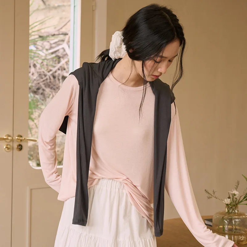 

Женская блузка из модала и шелковой шерсти для весны/лета, свободный крой, однотонная футболка с длинным рукавом