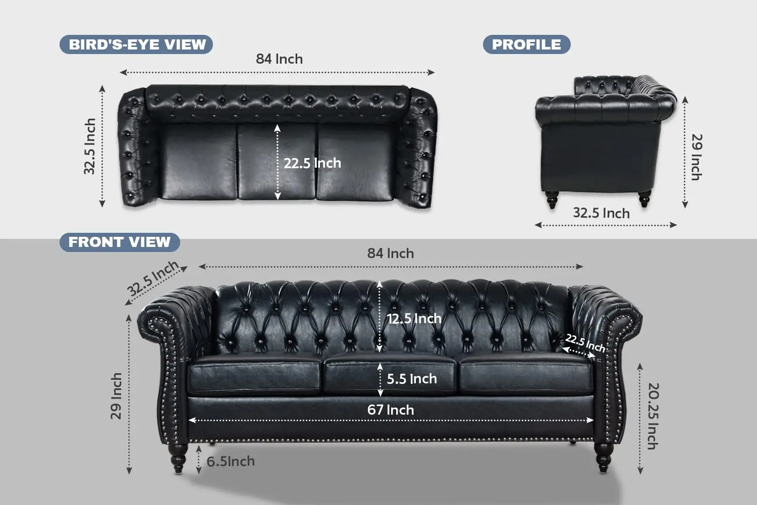 Black Leather Sofa 3-Seater Deep Seat Living Room Bedroom Office Apartment Classic Furniture Tool-Free, Customized