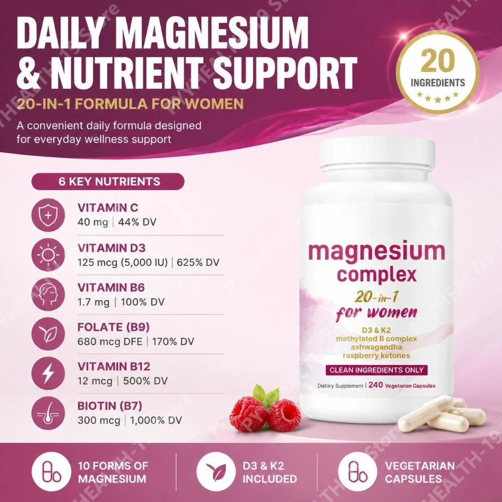 Magnesium Complex for Women Capsules with D3, K2, B12, Biotin & Ashwagandha for Energy, Calm & Wellness Support, 240 Capsules