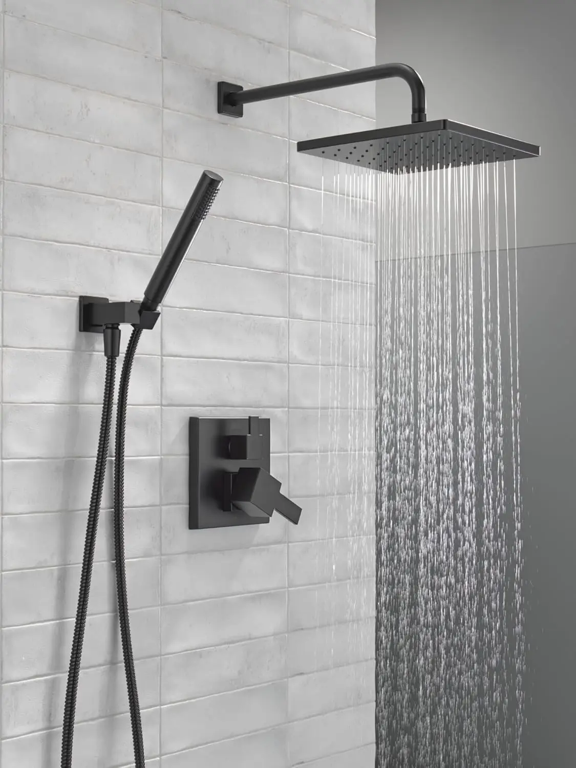 Faucet Modern Raincan 2-Setting Square Shower System Including Rain Shower Head And Handheld Spray Black, Rainfall Shower