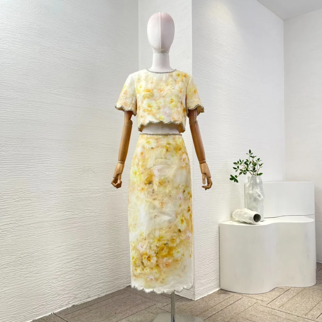 

High Quality Light Yellow Shell Edge Floral Print Diamonds Short Sleeve Blouse Tops and Skirt Set