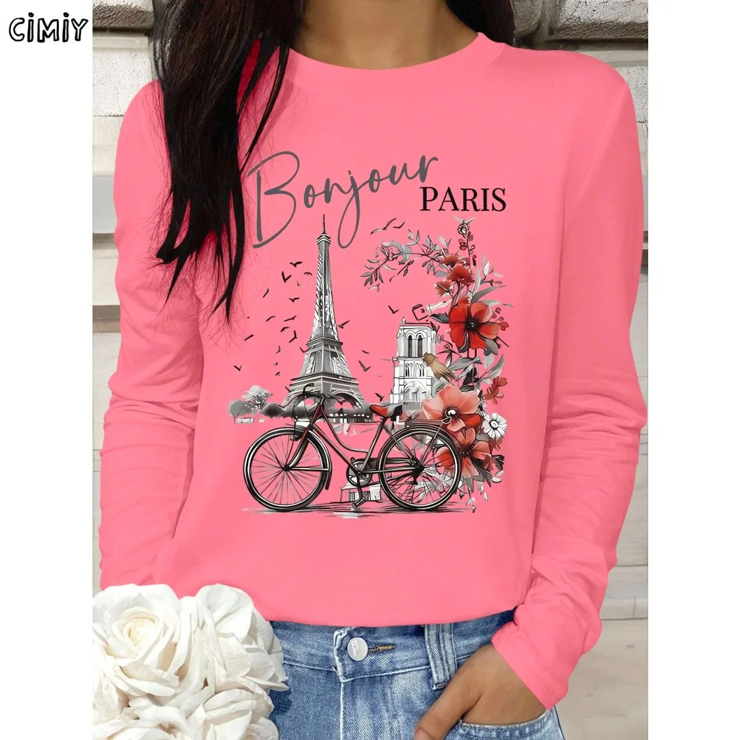 

2025 Romantic Paris Breathable Front Digital Print Casual Comfortable Versatile Long Sleeve T-Shirt For Women, Spring/Summer