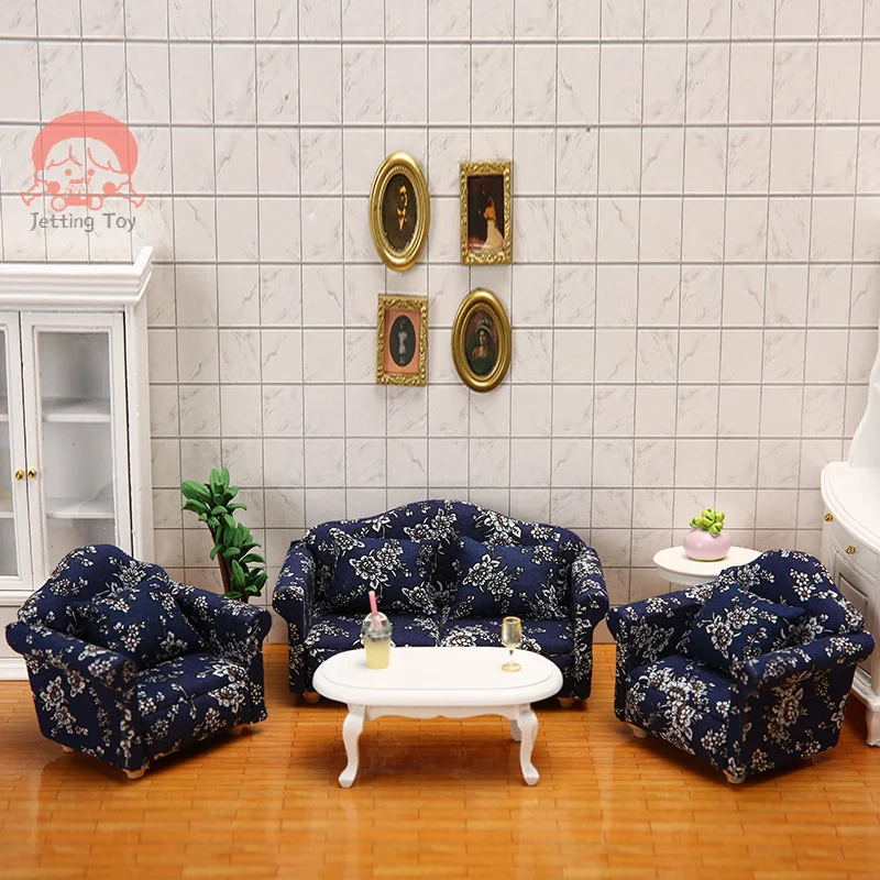 Sofa furnitur Mini rumah boneka 1:12 dengan bantal kain biru Model Sofa bunga kotak kecil aksesori DIY mainan adegan