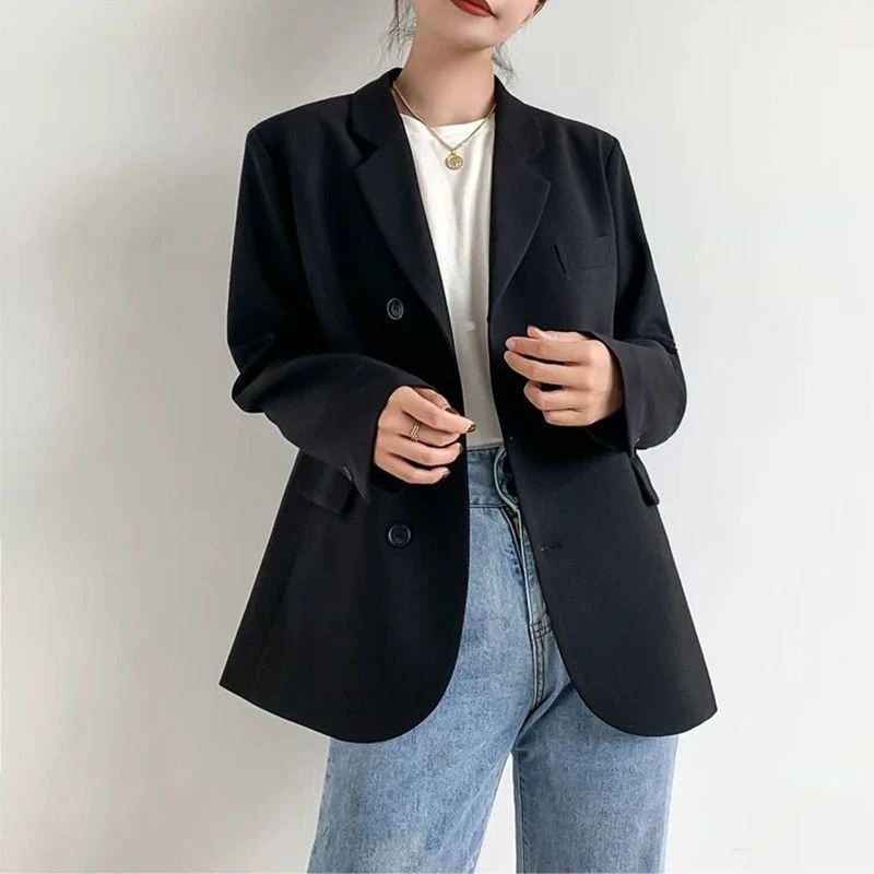 2025 New Korean Style Women Minimalist Solid Color Blazer British Chic Spring Autumn Casual Versatile Basic Top Full Long Sleeve