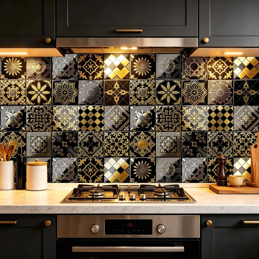 20PCS 30X30cm PVC Film Waterproof Wallpaper DIY Self-adhesive Black Gold Pattern Kitchen Bathroom Wall Stickers Home Decor