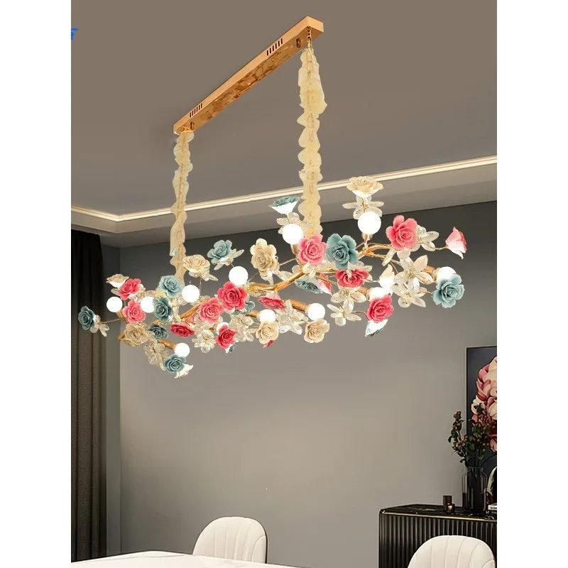 European restaurant Dining table, front desk bar Long French modern pastoral ceramic flower crystal chandelier