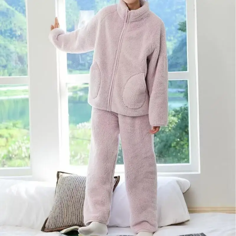 

Solid Color Homewear Winter Women's Pajama Set Wearable As Outerwear Pj Thicken Keep Warm Nightwear Soft Coral Fleece Sleepwear