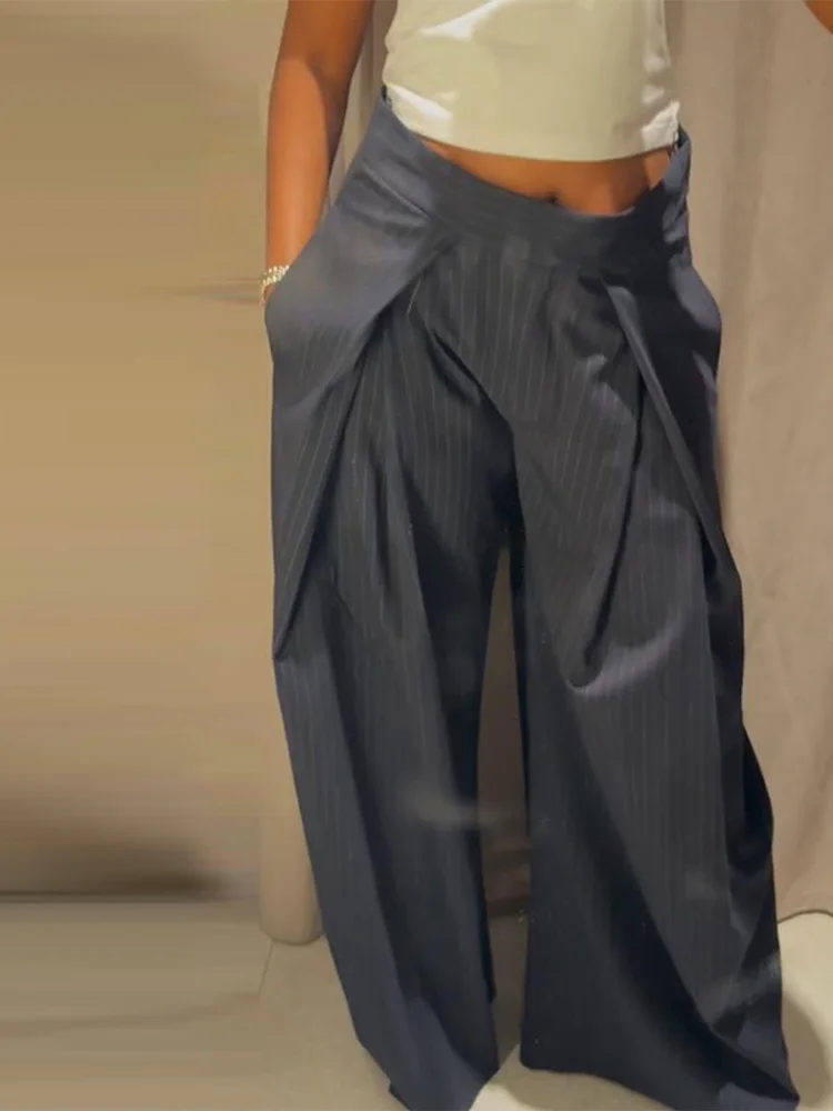 Pantalón largo plisado a rayas elegante para mujer, pantalones holgados de cintura alta con bolsillos y cremallera, pantalones para mujer de otoño 2025
