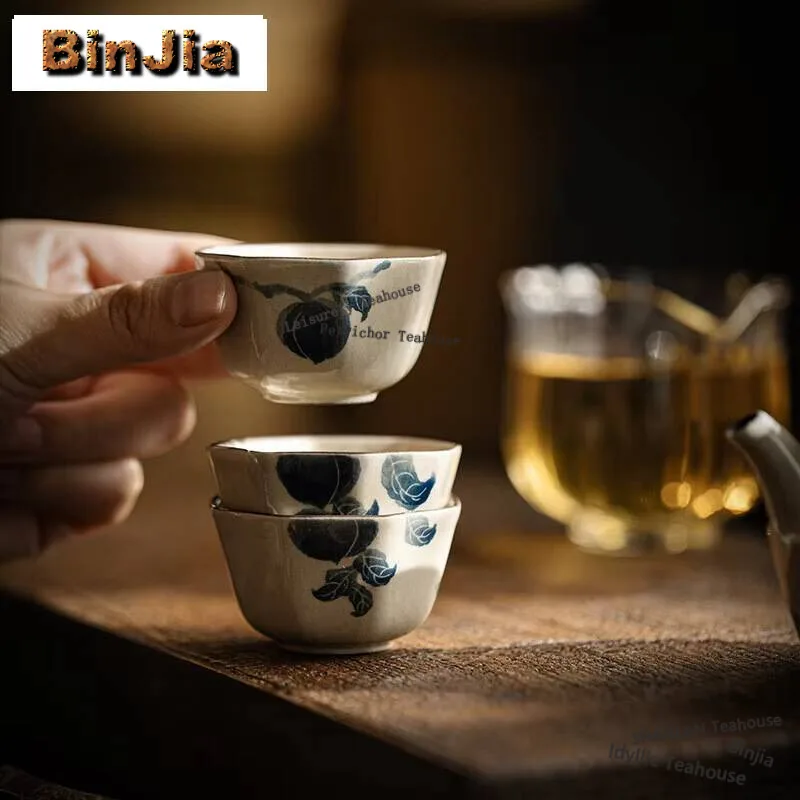 50ml Antique Blue and White Coarse Pottery Teacup Hand-painted Spring Peach Ceramic Cup Underglaze Color Master Mug Drinkware