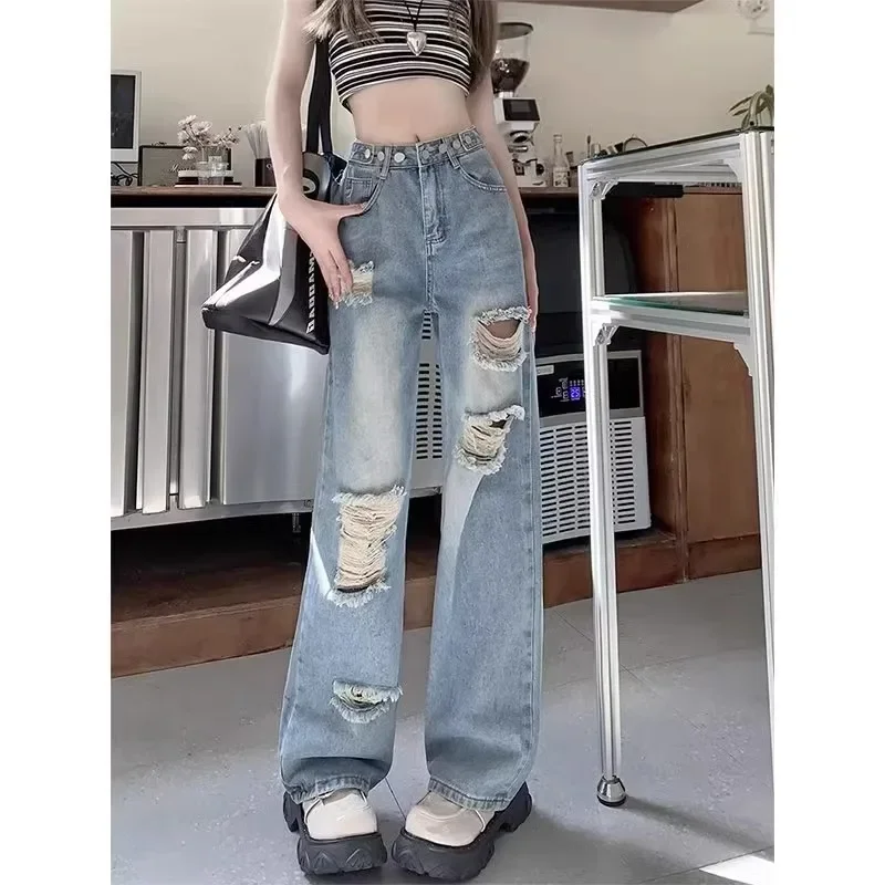 

Pop Fashion Beggar Wind Ripped Denim Trousers Women's Summer New Thin Thin Loose High Waist Wide Legs Straight Pants