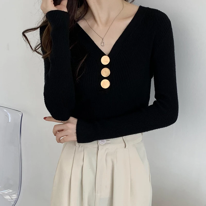 V-Neck Thin Base Sweater With Metal Buttons Slim Fit And Fashionable Ladies Style Knitted Top Commuting Sweater