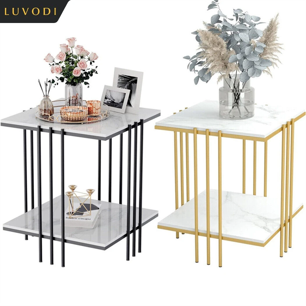 LUVODI Side Table for Living Room Modern 2-tier Square Marble Sofa Side Coffee Table with Gold n Black Metal Frame