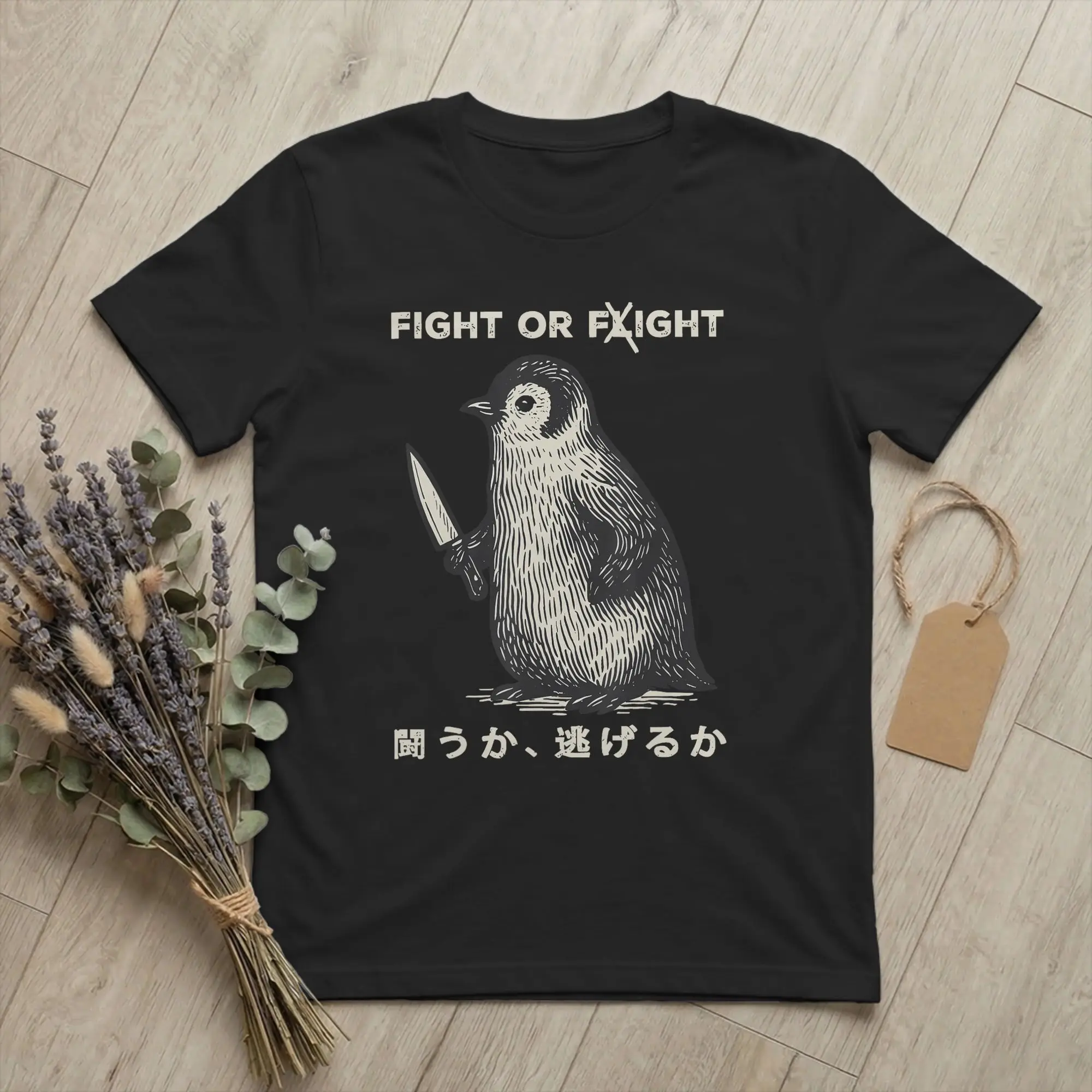 Hipster Fight Or Flight Penguin Dark Humor T-Shirt Men Round Collar 100% Cotton T Shirts Meme Quote Short Sleeve Tee merchandise