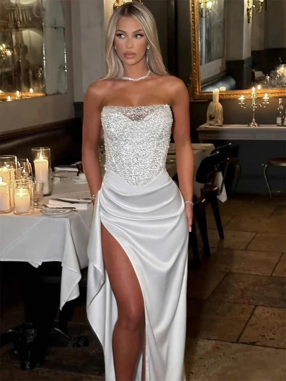 Shiny Sequined Sweetahrt Satin Sheath Wedding Dresses Side Slit Custom Made 2026 Vestido De Noival image 4