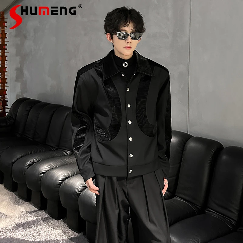 

Men's 2025 Autumn New American Style Jackets Long Sleeve PU Leather Splicing Padded Shoulder Jackets Men's Trendy Stylish Coats