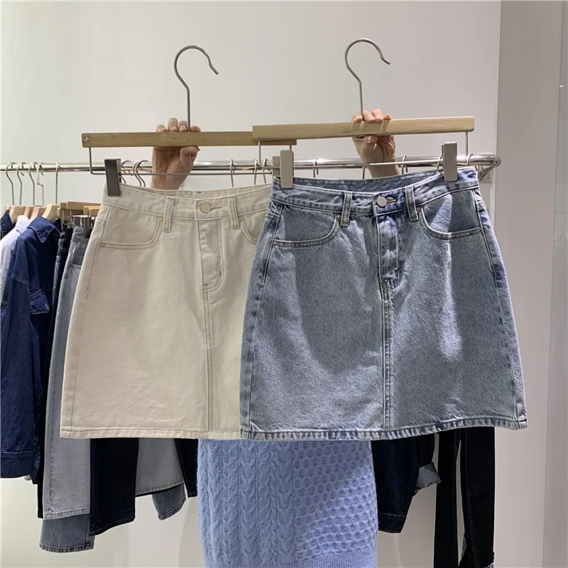 

Women's High-Waisted Denim Mini Skirt, Casual A-Line Jean Skirt with Back Pockets, Available In Light