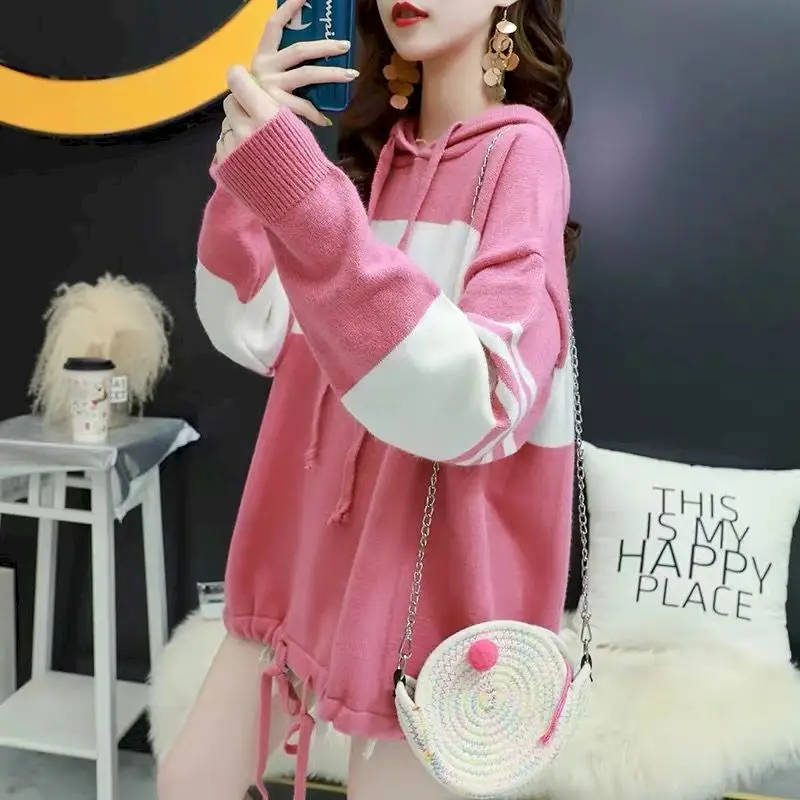 Mantel Rajutan Pullover Bertudung Wanita Hoodie Longgar Trendi Musim Gugur Musim Dingin Hoodie Rajutan Mode Gaya Korea Atasan Desainer Pakaian Y2k