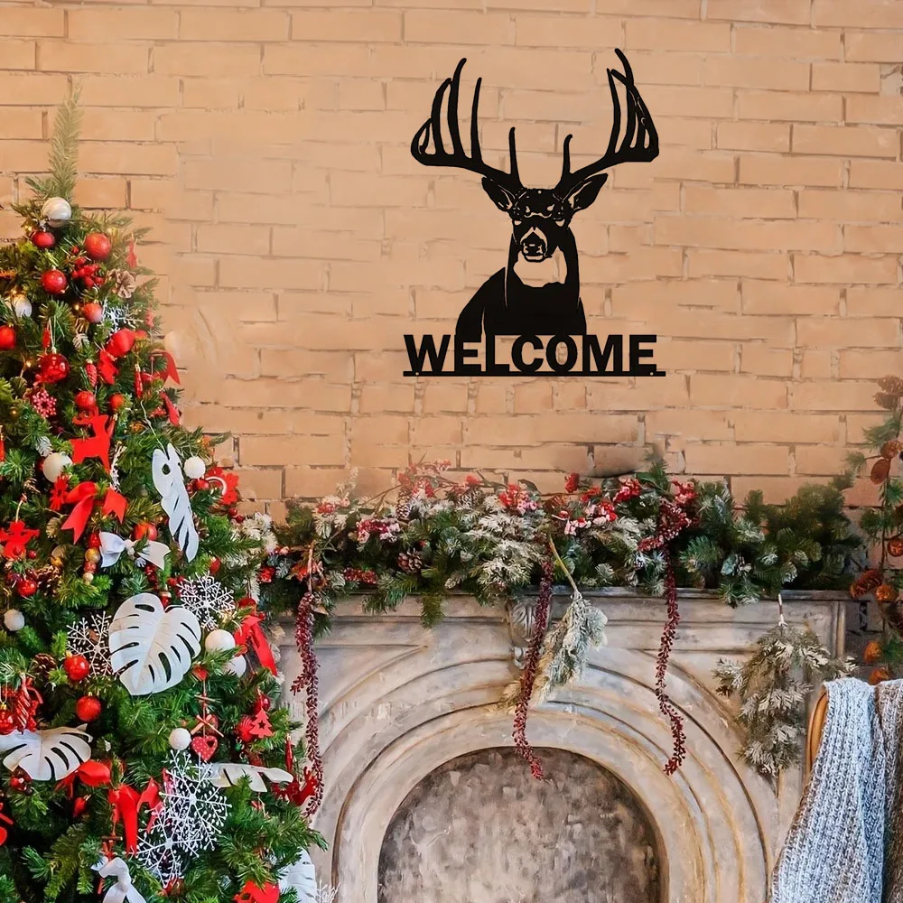 Welcome Whitetail Deer Buck Metal Wall Hanging Sign: Superb for Home or Cabin Ornament. Rustic and Charming Metal Sign