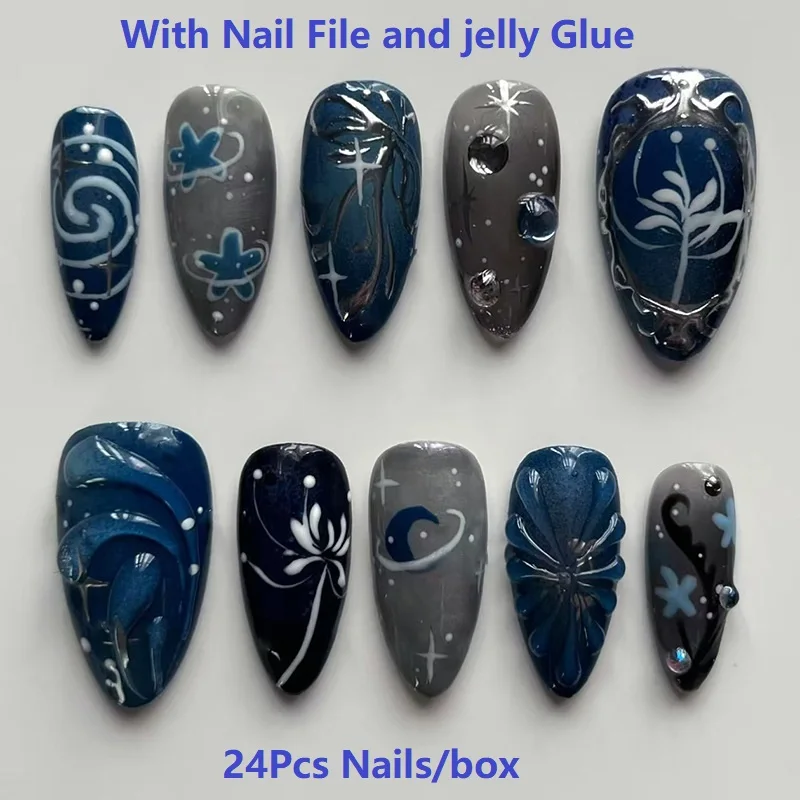 

24pcs Dark Blue Press on Nails Star Night Flower Print Almond False Nail Tips Wearable Reusable European Spicy Girl Fake Nails