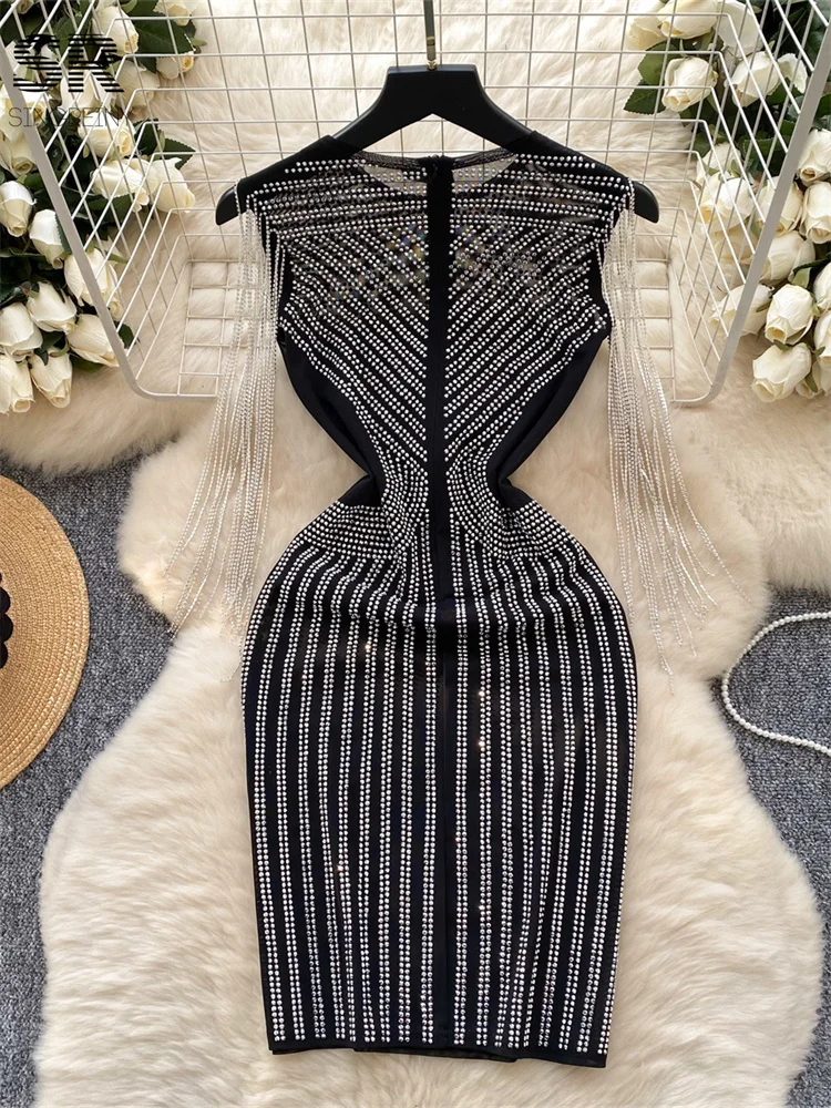 SINGREINY Beading Tassel Fashion Dresses Woman Temperament Sleeveless Zipper Design O Neck Slim Bodycon Sheer Senior Party Dress