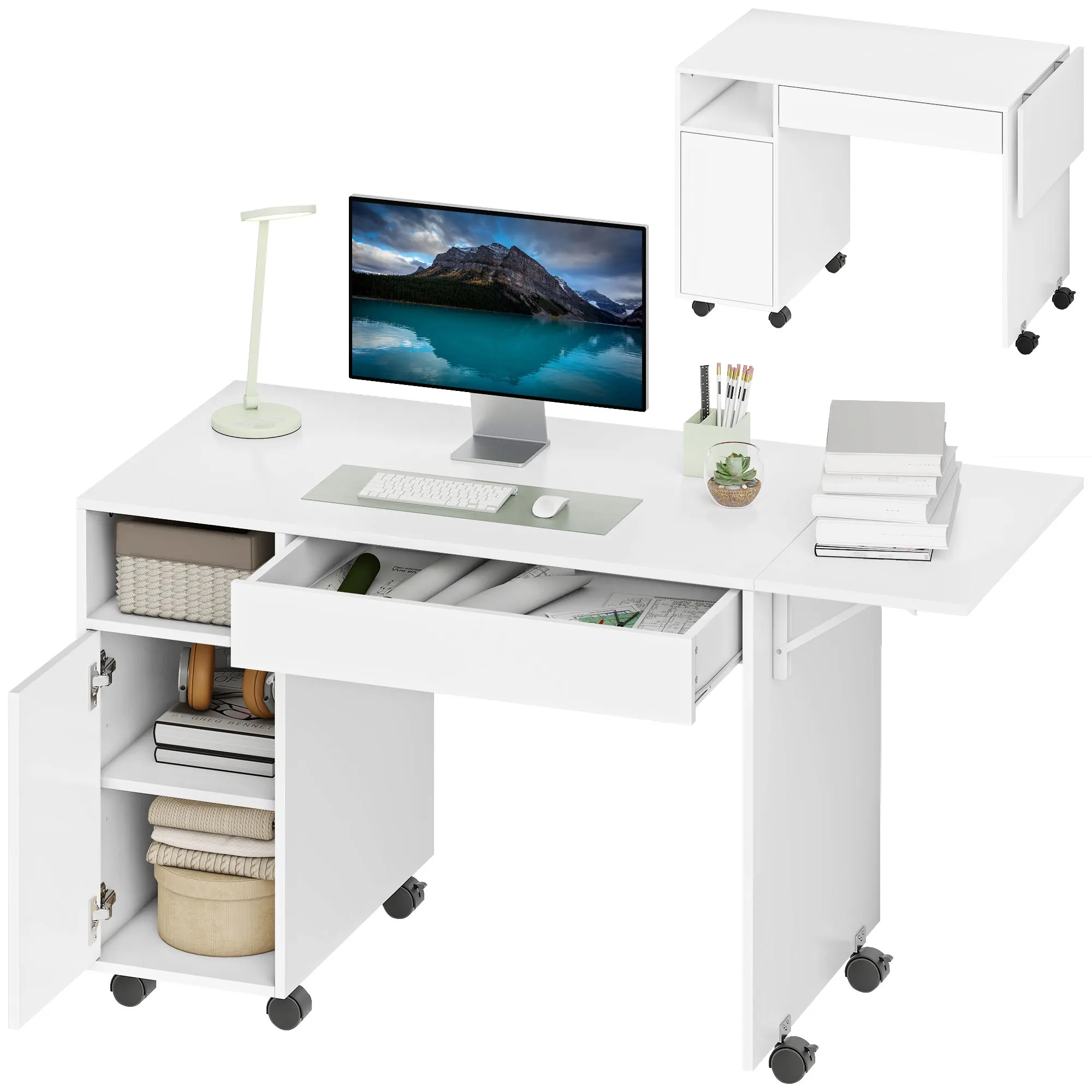 HOMCOM Escritorio para ordenador con ruedas y bandeja plegable, 130x58 cm, mesa para ordenador, cajón, armario, compartimento y estante ajustable, estación de trabajo para espacios pequeños, sala de estar, blanco