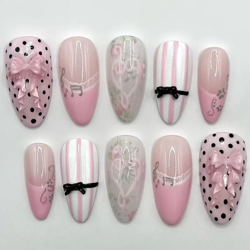 24 Uñas Postizas Color Rosa Dulce con Diseño de Lazo Rosa, Uñas Francesas Almendradas, Uñas Postizas Brillantes de Moda Coreana, Parches de Uñas para Manicura