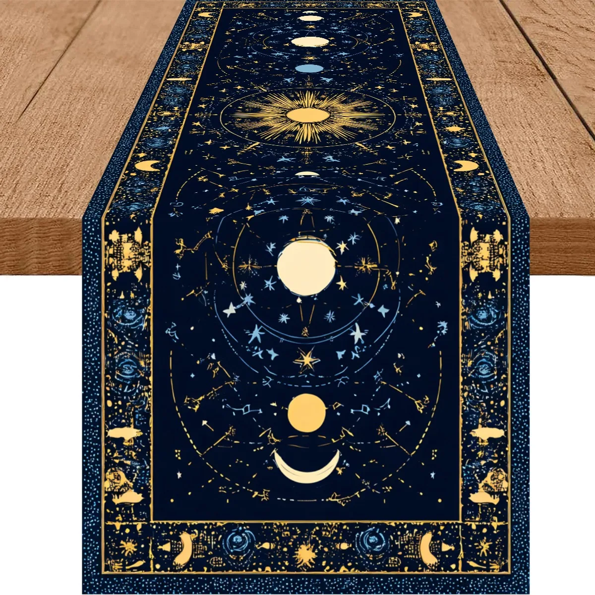 JIT Navy Gold Celestial Design Polyester Table Runner 2D Flat Print Stylish Home Decor Dining Table Decoration Magical Charming