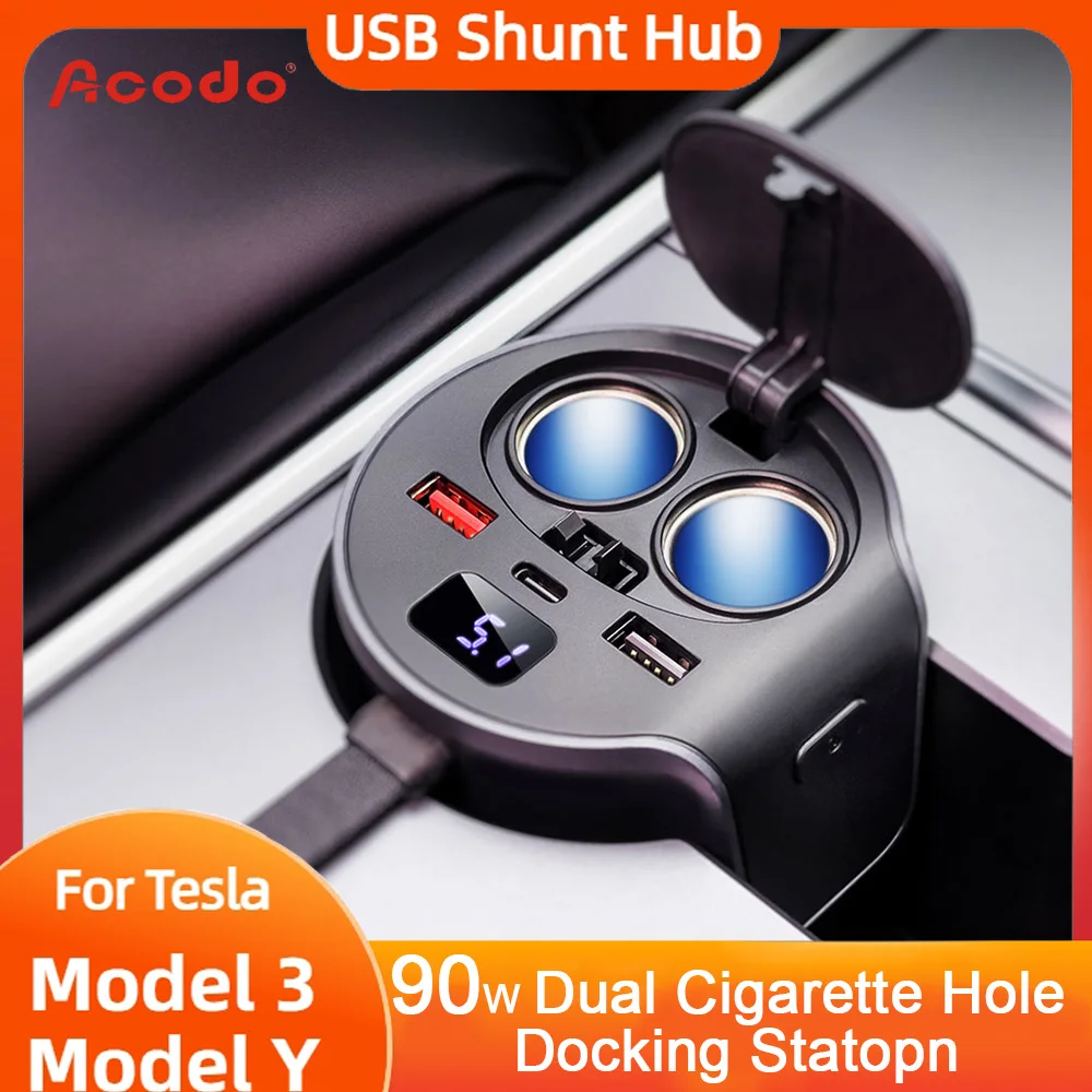 For Tesla CCS Docking Station 65W QC3.0 Ultra Fast Charging Cigarette Lighter Interface Extension Model 3/Y Multiport USB HUB